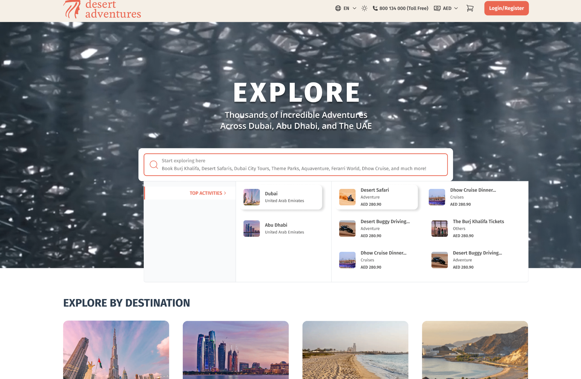Desert Adventures B2C website Explore hero with destination search