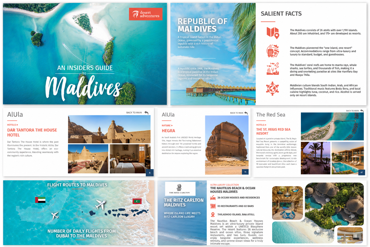Maldives product marketing spread with insider guide cover, destination facts, flight routes and luxury resort pages