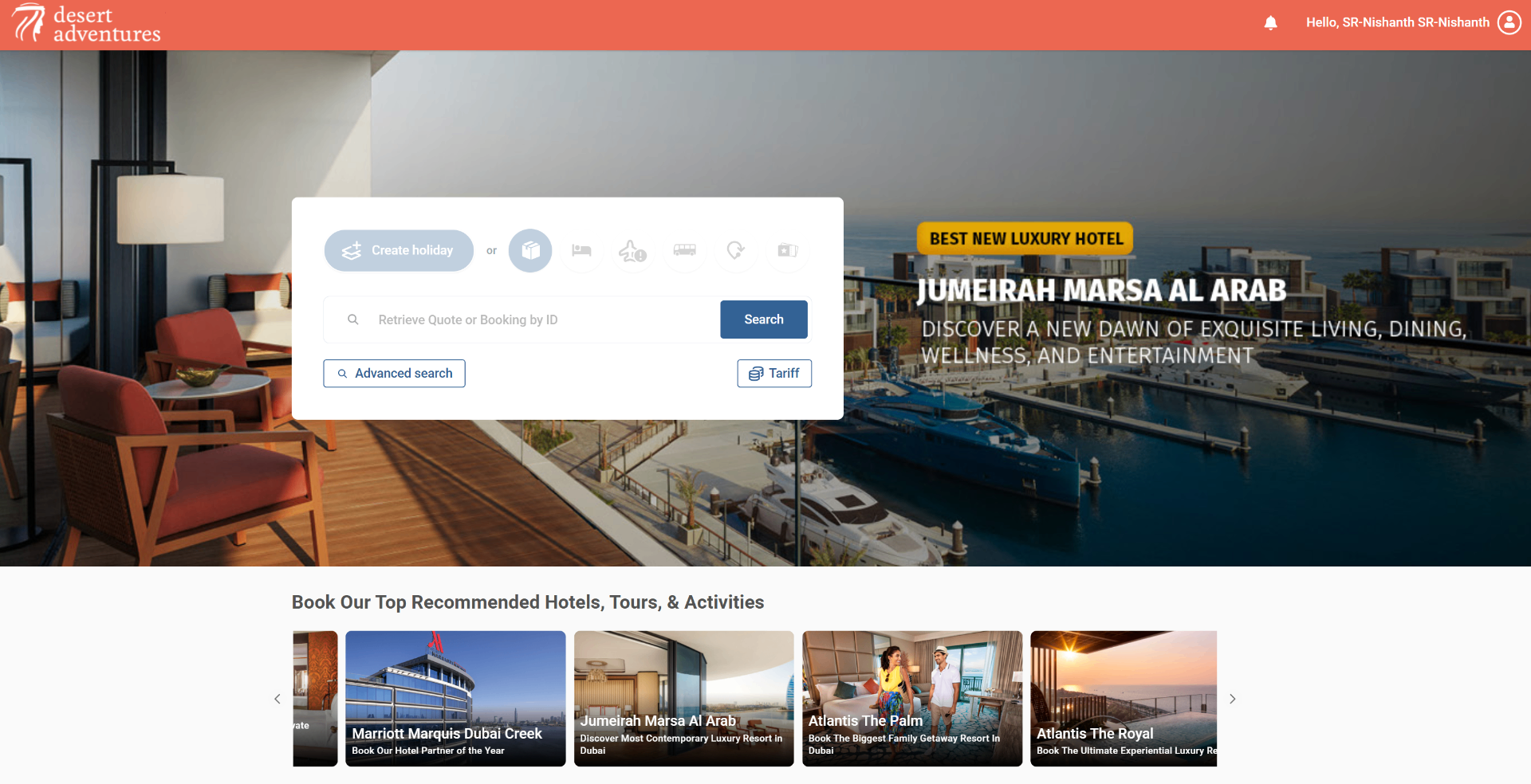 Desert Adventures B2B booking portal dashboard with recommended hotels