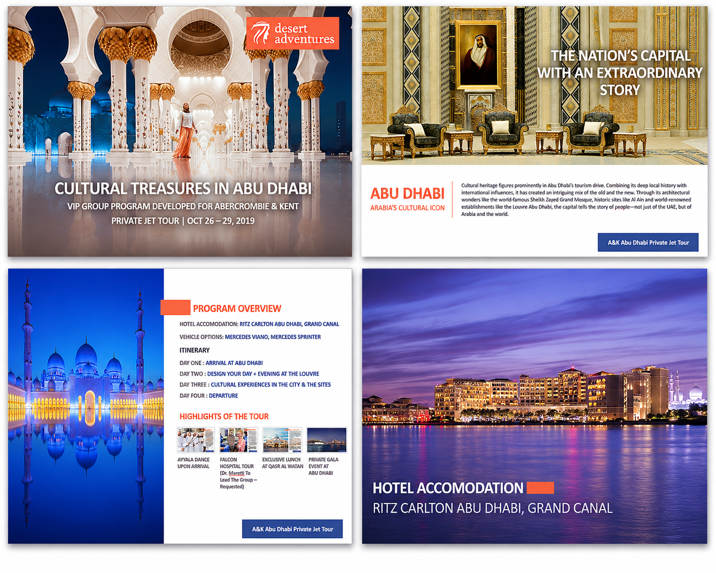 Desert Adventures cultural treasures RFP deck with Abu Dhabi programme and hotel overview