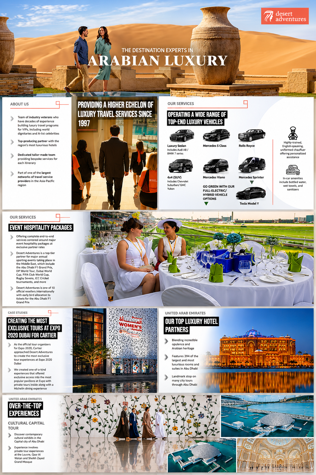 Luxury services documentation featuring Arabian luxury positioning, service categories and hospitality experiences